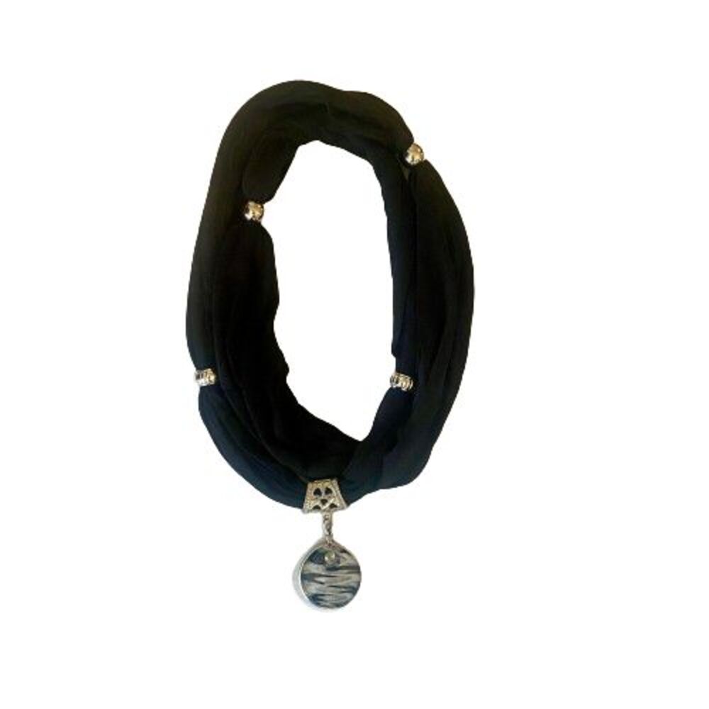 Womens Black Necklace Scarf Pendant Marbled Silver Beads
